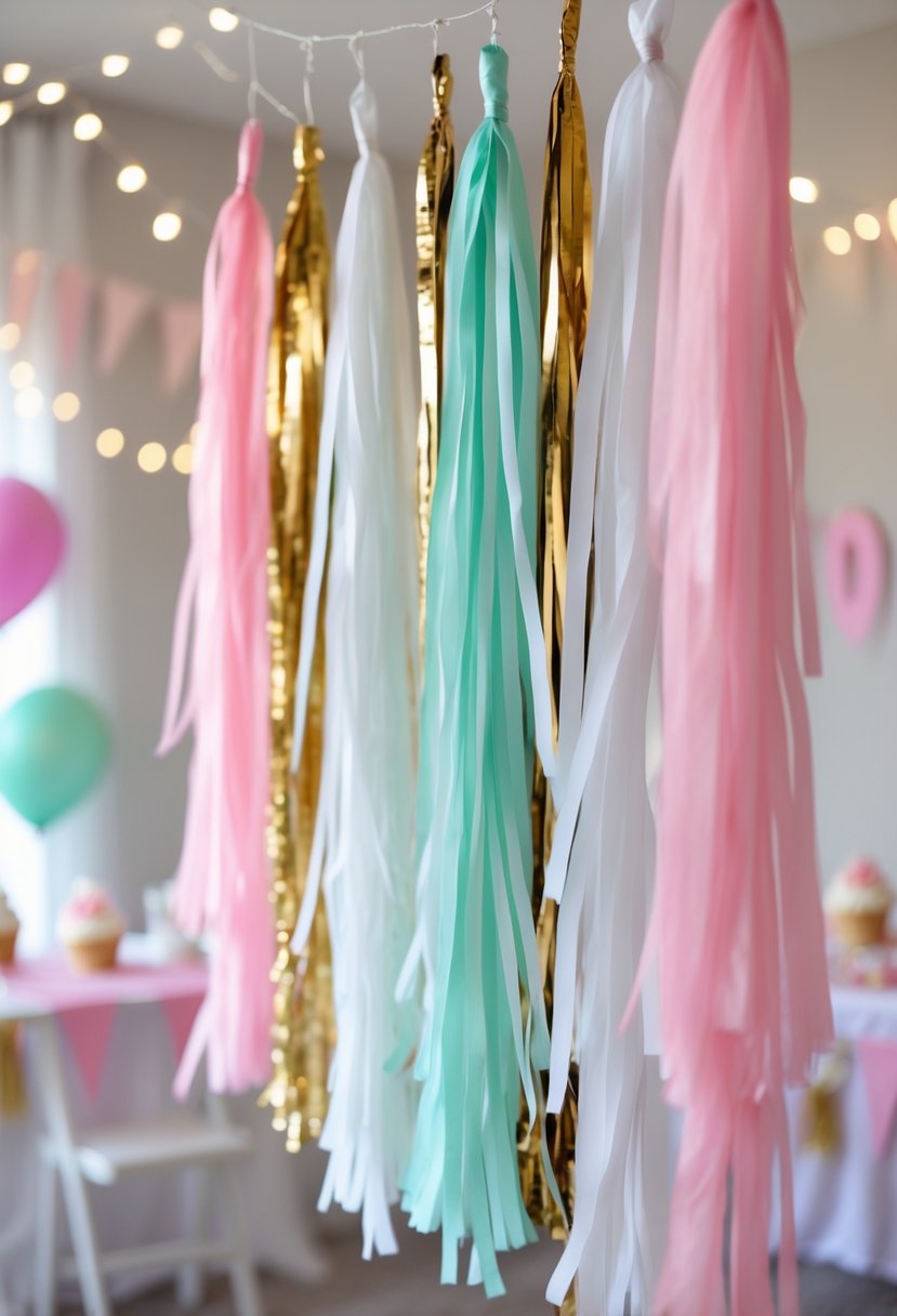 Colorful tassel garlands hanging indoors as party decorations with balloons and a decorated table in the background.