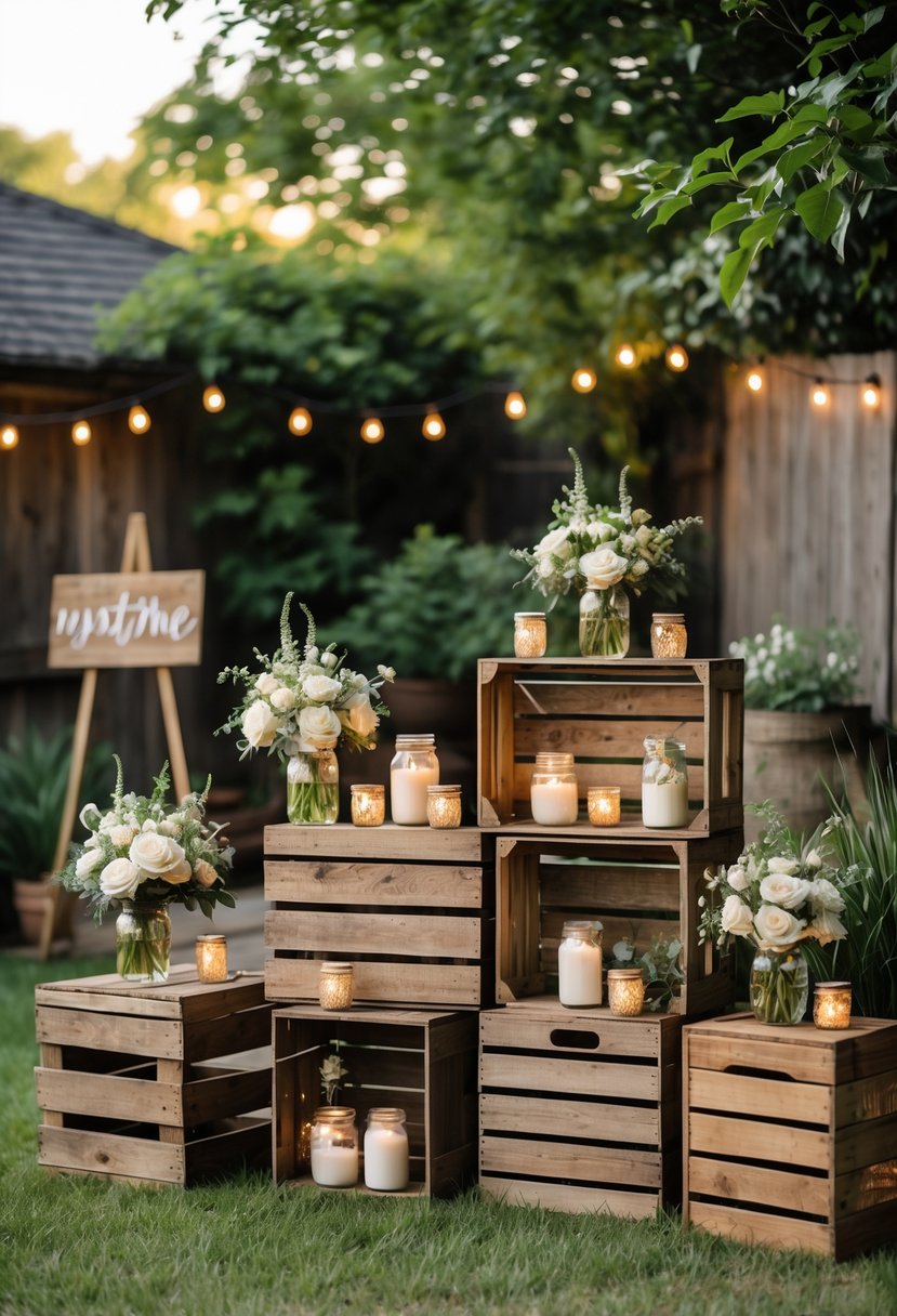 A backyard wedding scene with vintage wooden crates decorated with flowers, candles, and plants surrounded by greenery.