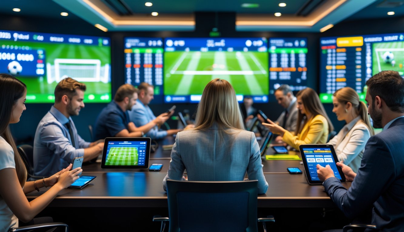 Orang-orang menggunakan perangkat digital untuk bertaruh pada pertandingan sepak bola di ruang taruhan olahraga yang modern.