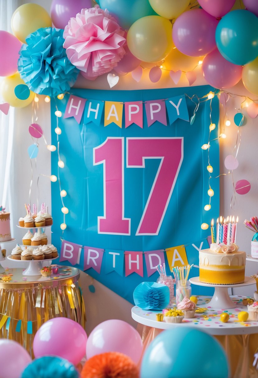 A decorated birthday party setup with a personalized banner showing the number 17, balloons, fairy lights, and a table with a birthday cake and cupcakes.