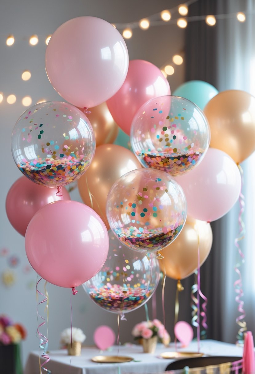 A group of colorful confetti-filled and pastel balloons floating indoors with party decorations in the background.