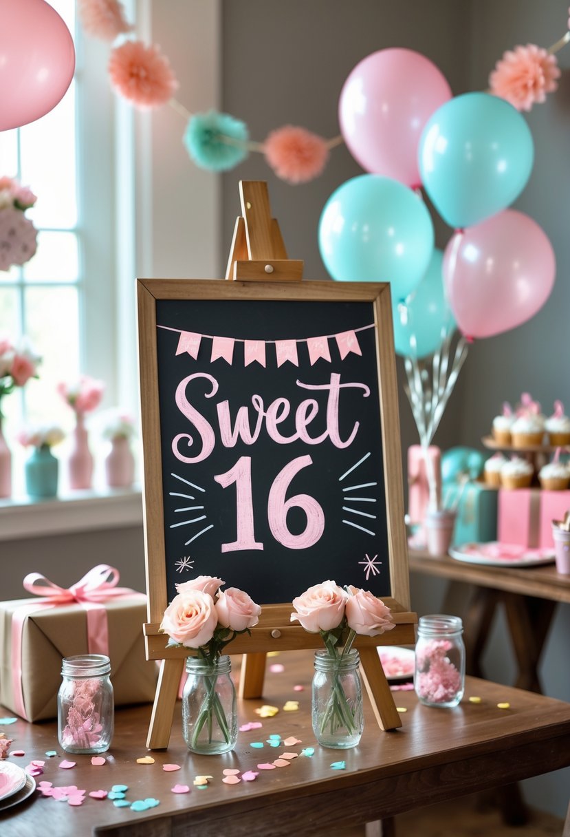 A chalkboard on an easel surrounded by Sweet 16 party decorations including balloons, fairy lights, flowers, and a table with cupcakes and candy jars.