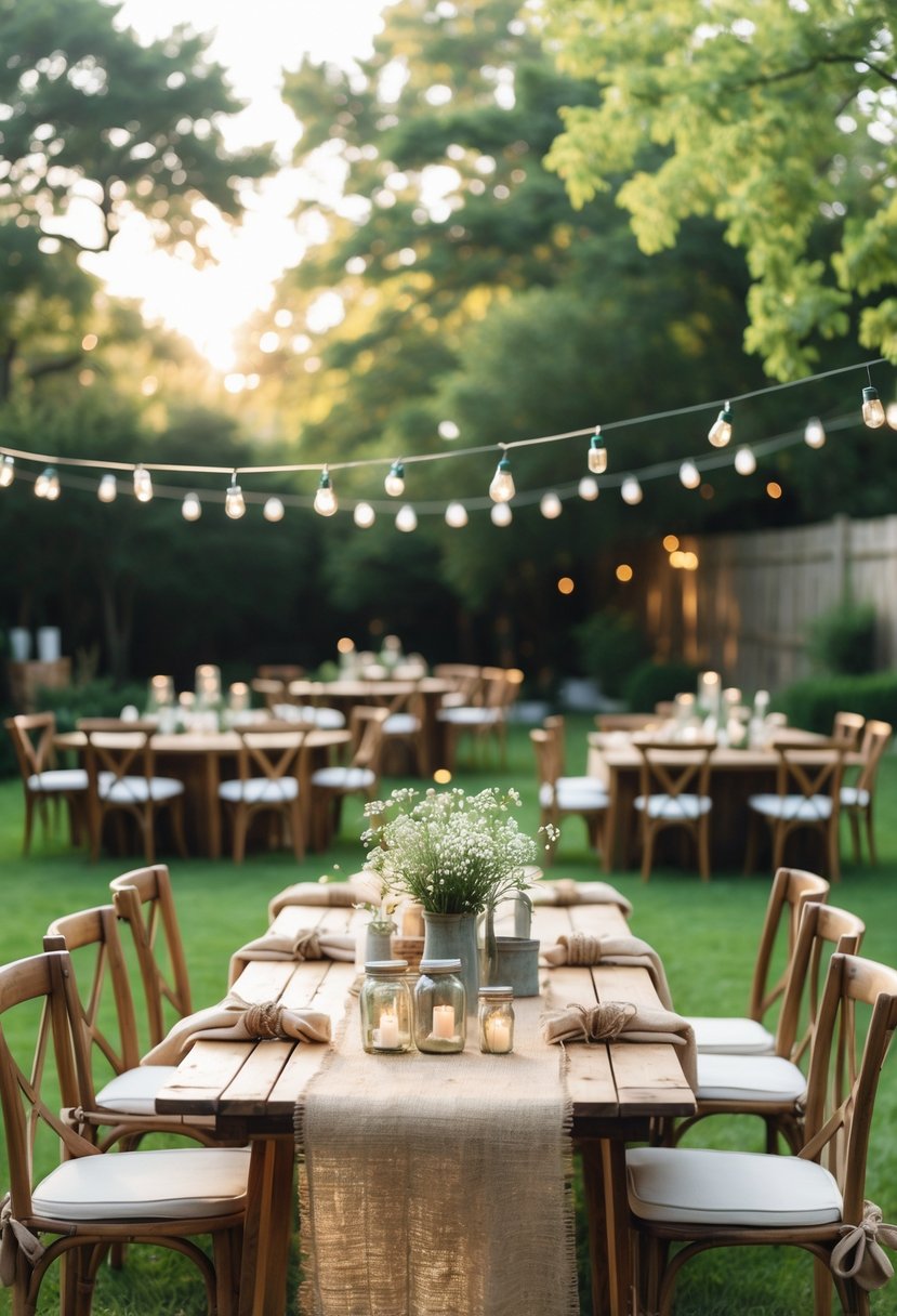 Outdoor backyard wedding tables with burlap runners, wildflowers in jars, candles, and string lights on a green lawn.