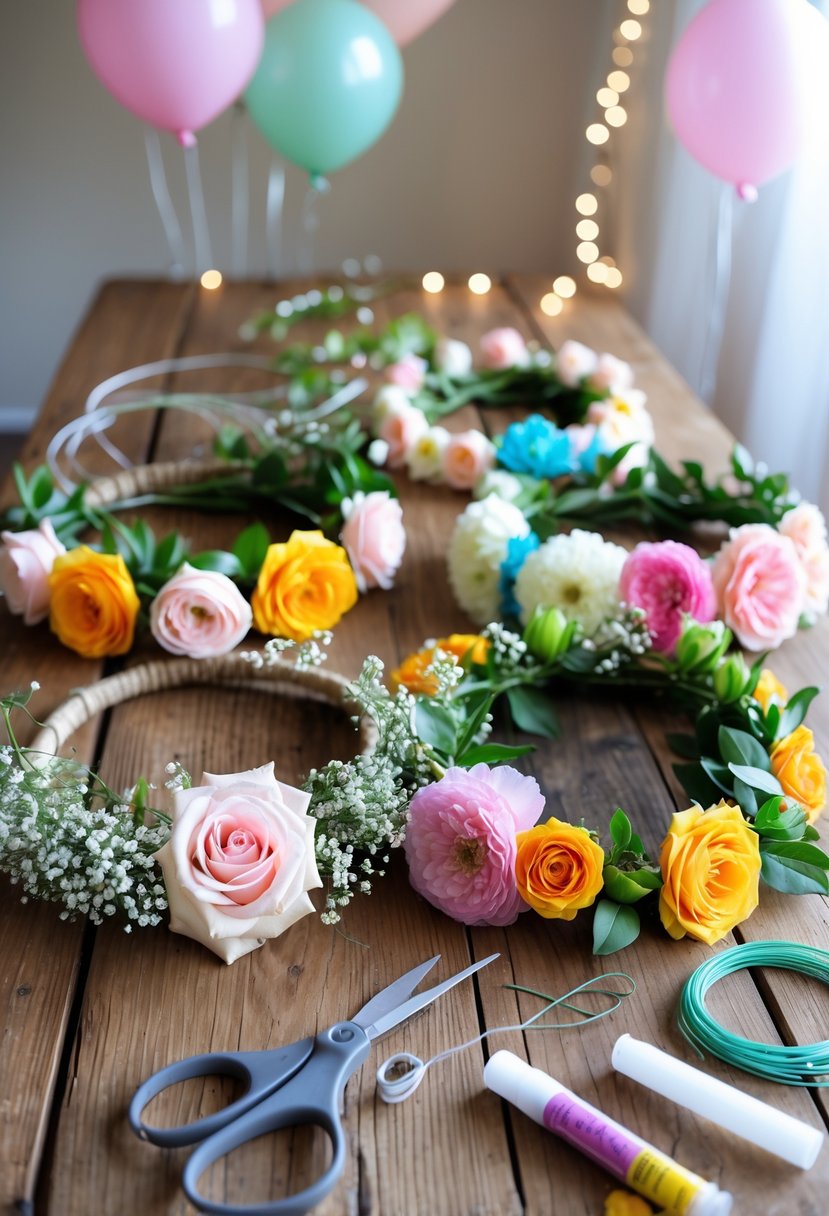 A table with handmade flower crowns made of colorful flowers and craft supplies, set in a festive party environment.
