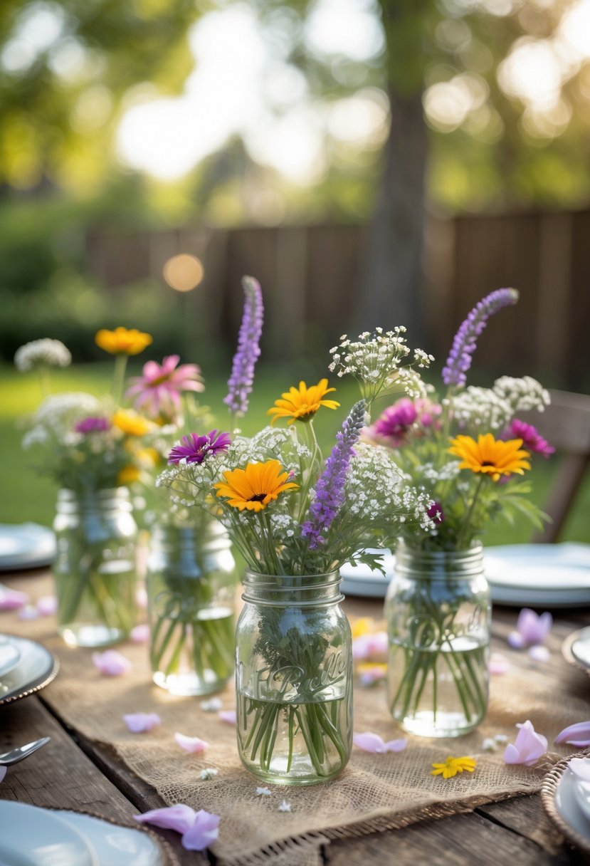 Mason jars filled with wildflowers arranged on wooden tables in a backyard setting with greenery in the background.