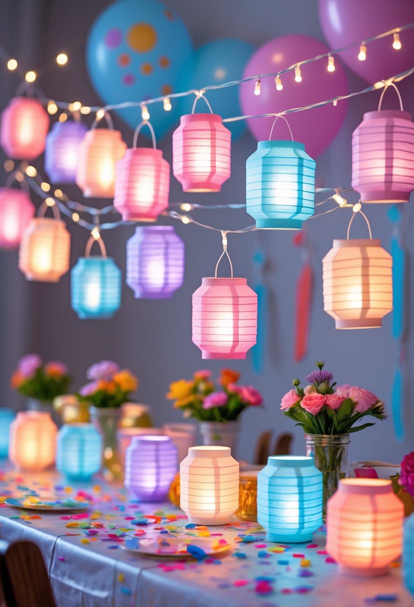 A table decorated with glowing mini LED lanterns, balloons, and colorful party decorations for a sweet 16 celebration.