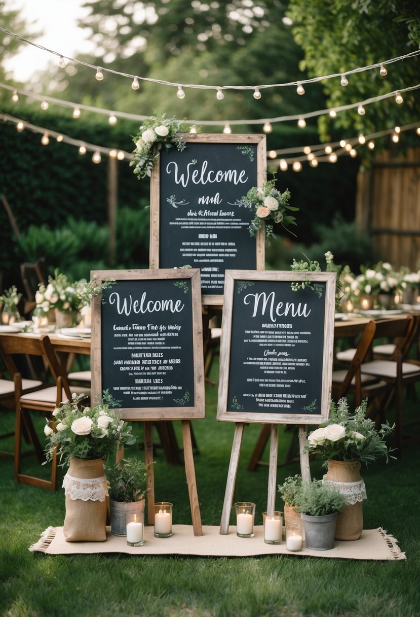 A backyard wedding setup with chalkboard signs, wooden tables and chairs, flowers, and string lights in a garden.