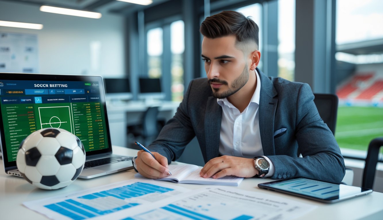 Seorang pria sedang menganalisis strategi taruhan sepak bola di depan laptop dengan bola sepak bola dan catatan di mejanya.