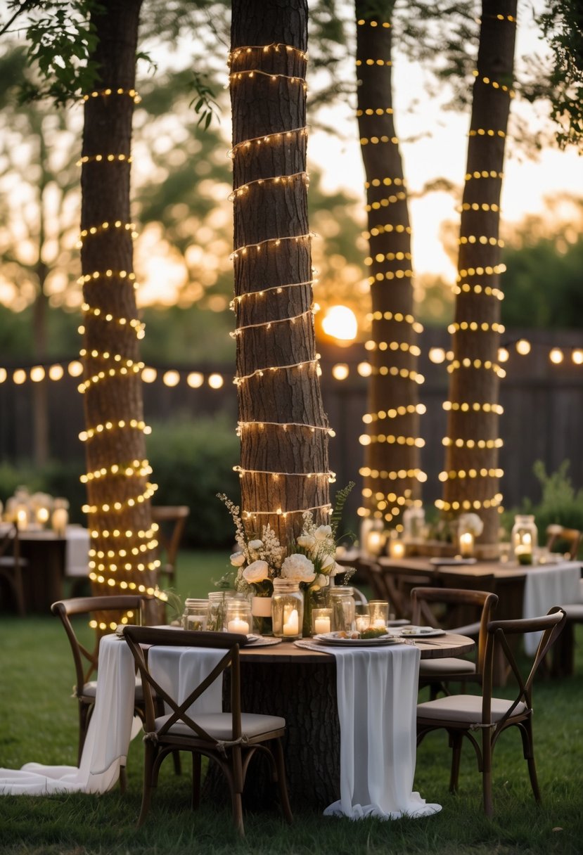 Backyard wedding scene with tree trunks wrapped in string lights and simple wedding decorations.
