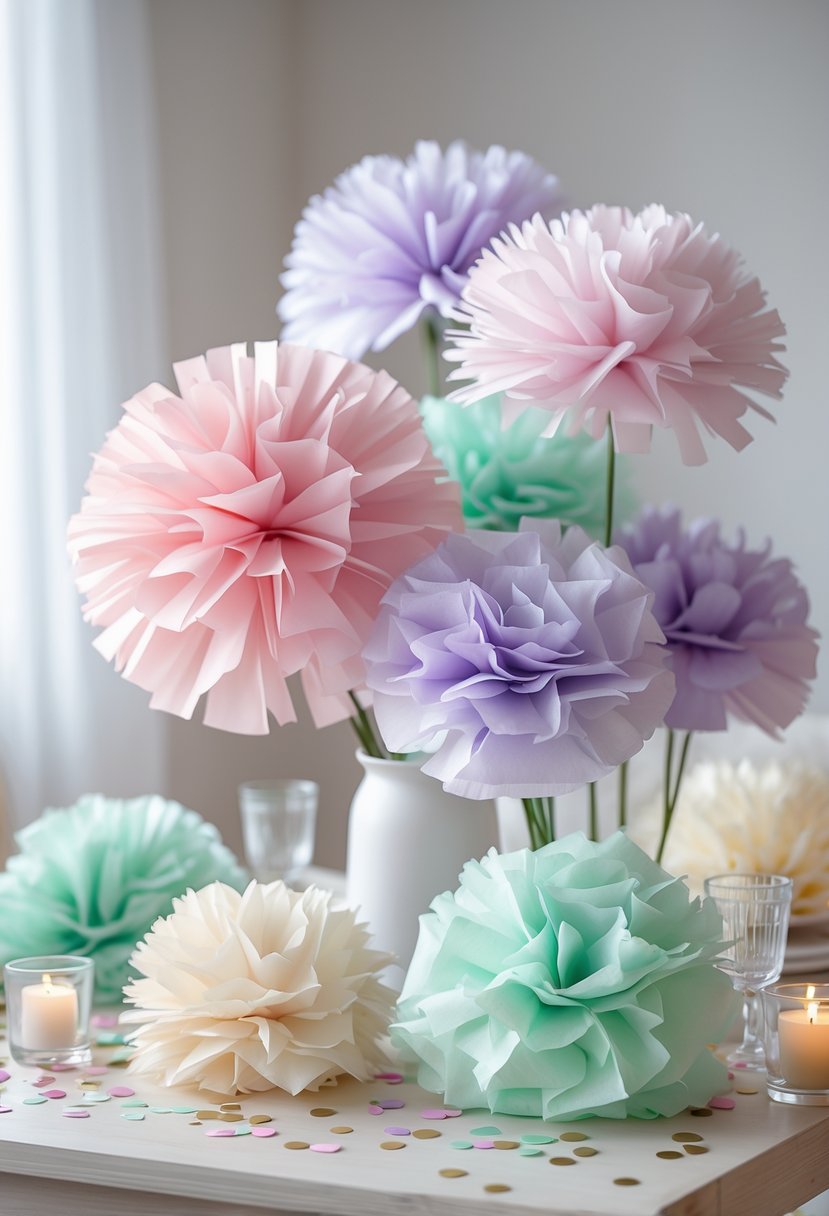 A table decorated with pastel layered tissue paper flowers arranged for a sweet 16 party celebration.