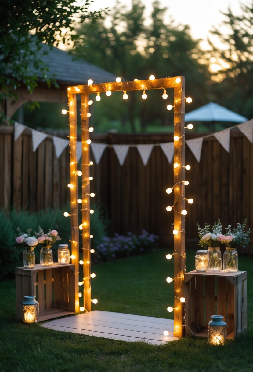 A backyard photo booth decorated with fairy lights and simple wedding decorations surrounded by greenery.