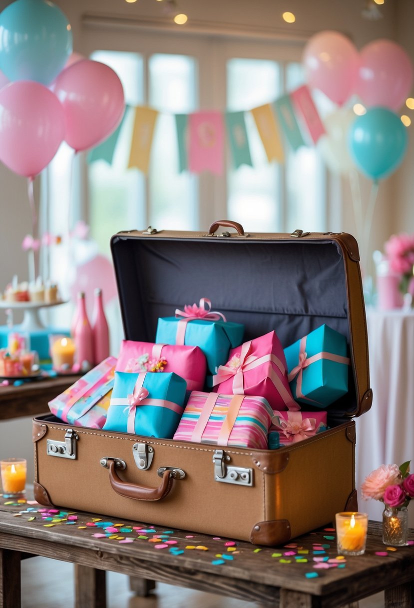 An open vintage suitcase filled with wrapped gifts and party favors on a wooden table at a sweet 16 party.