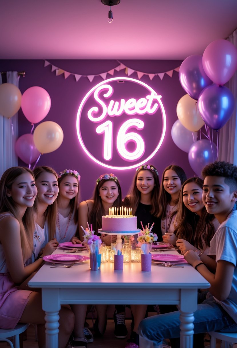 A group of teenagers celebrating a sweet 16 party with a glowing neon light sign and simple decorations indoors.