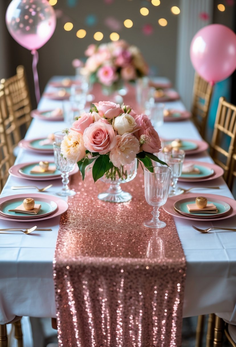 A decorated party table with a pink and gold sequined table runner, floral centerpieces, glassware, and balloons in the background.