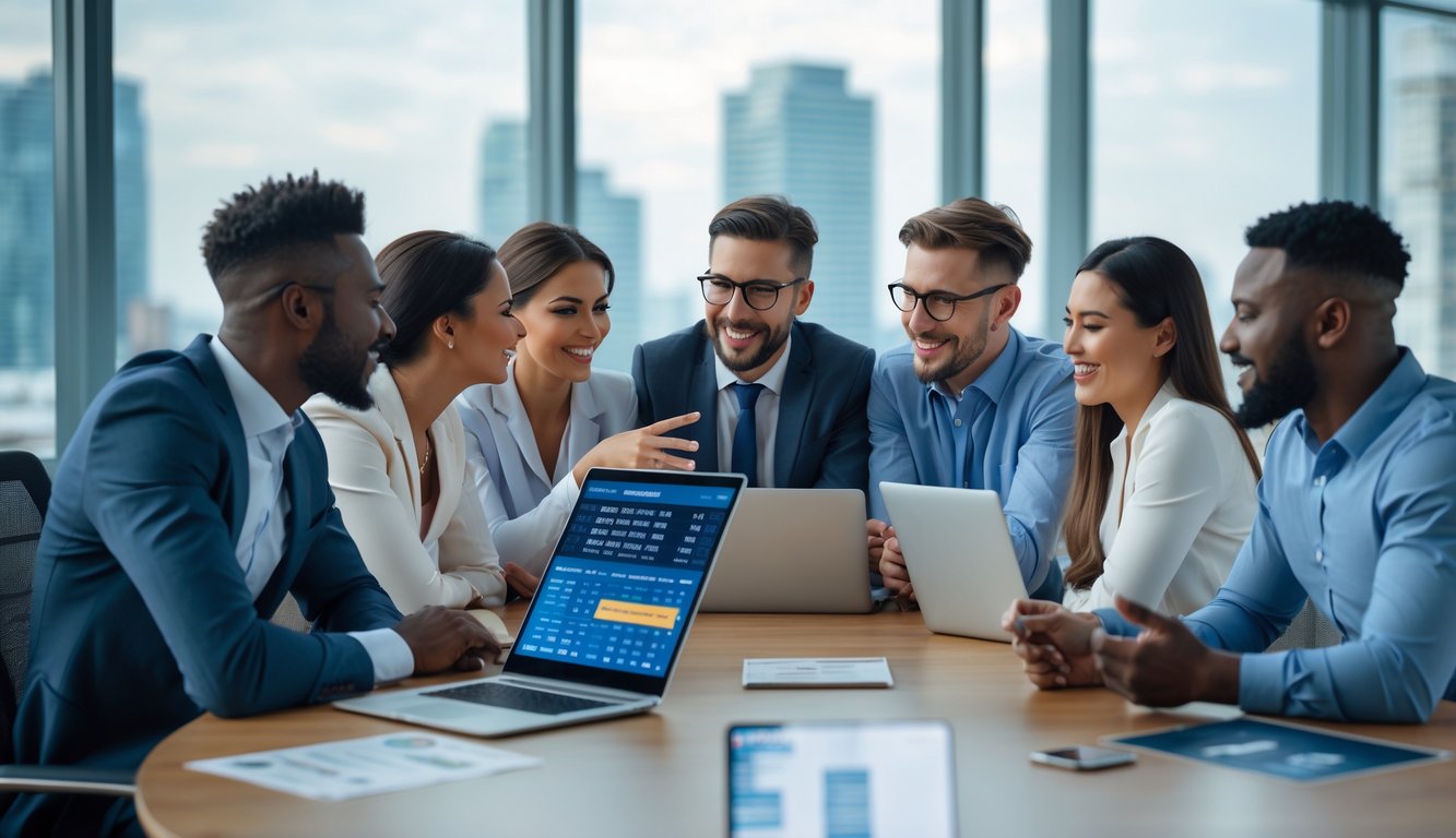 Sekelompok orang sedang berdiskusi di meja kantor dengan perangkat digital yang menampilkan data taruhan olahraga.