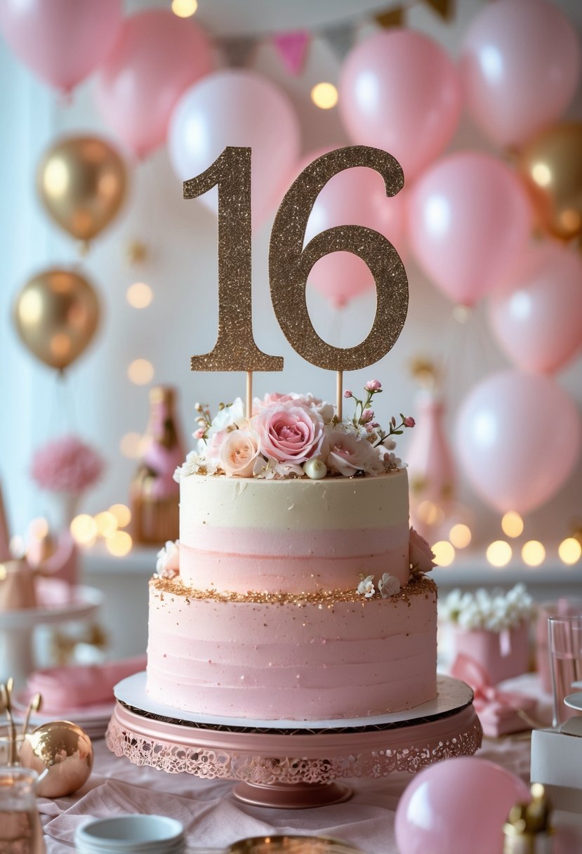 A decorated Sweet 16 birthday cake with a number 16 cake topper surrounded by balloons and party decorations.