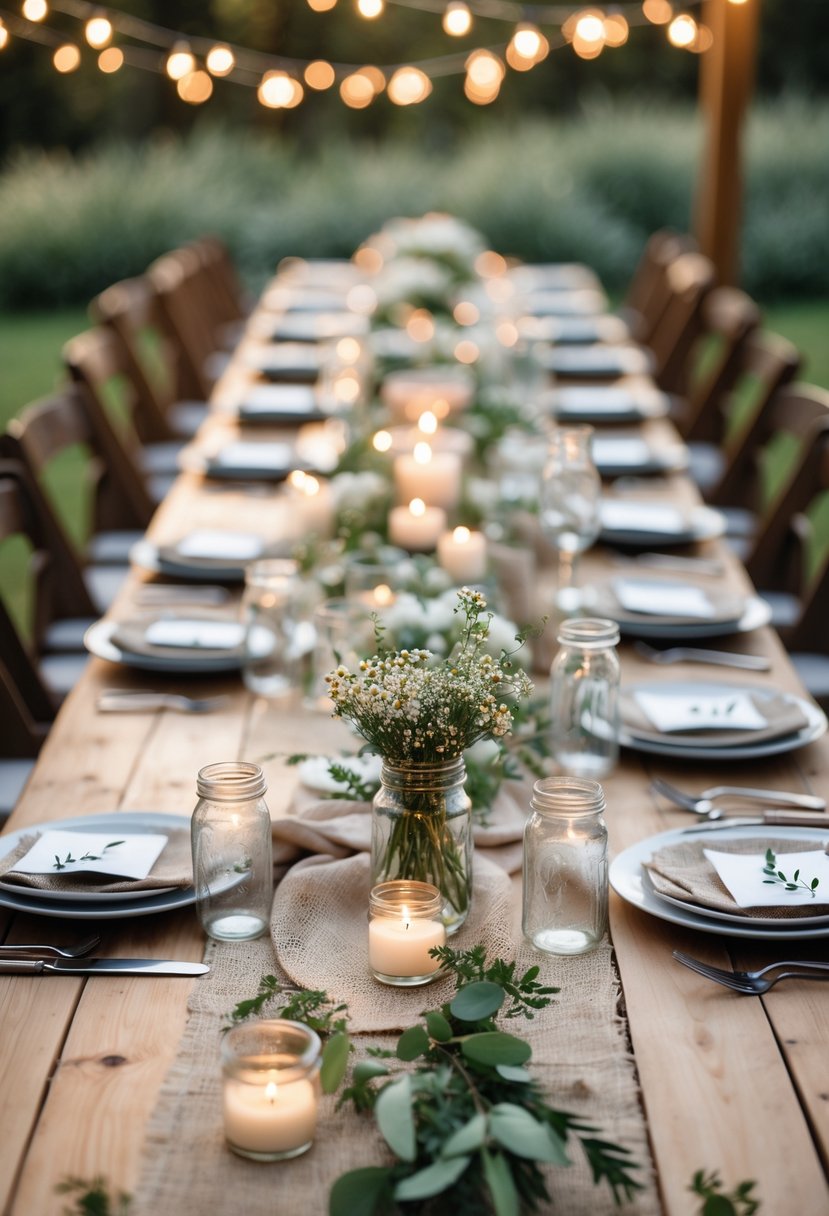 A wedding table decorated with simple flowers, candles, greenery, and rustic elements in an outdoor setting.