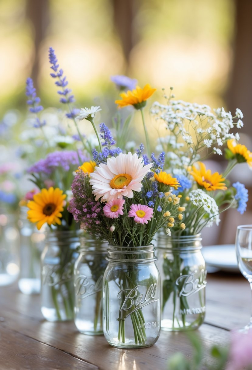 Mason jars filled with colorful wildflowers arranged as wedding table centerpieces on a wooden table.