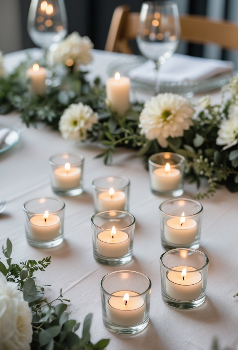 A wedding table decorated with lit tea light candles in glass holders, greenery garlands, and simple floral arrangements.