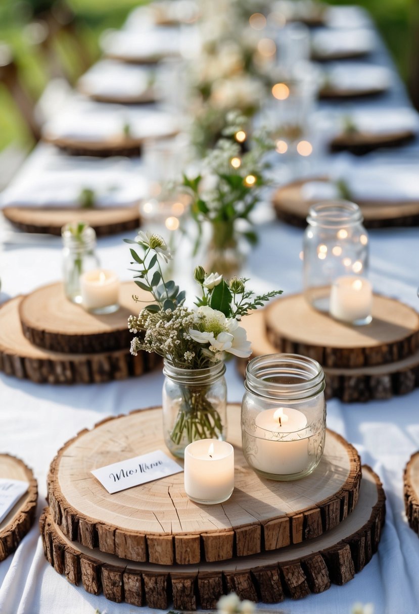 A wedding table decorated with rustic wooden slices used as bases, holding small floral arrangements, candles, and simple decor items.