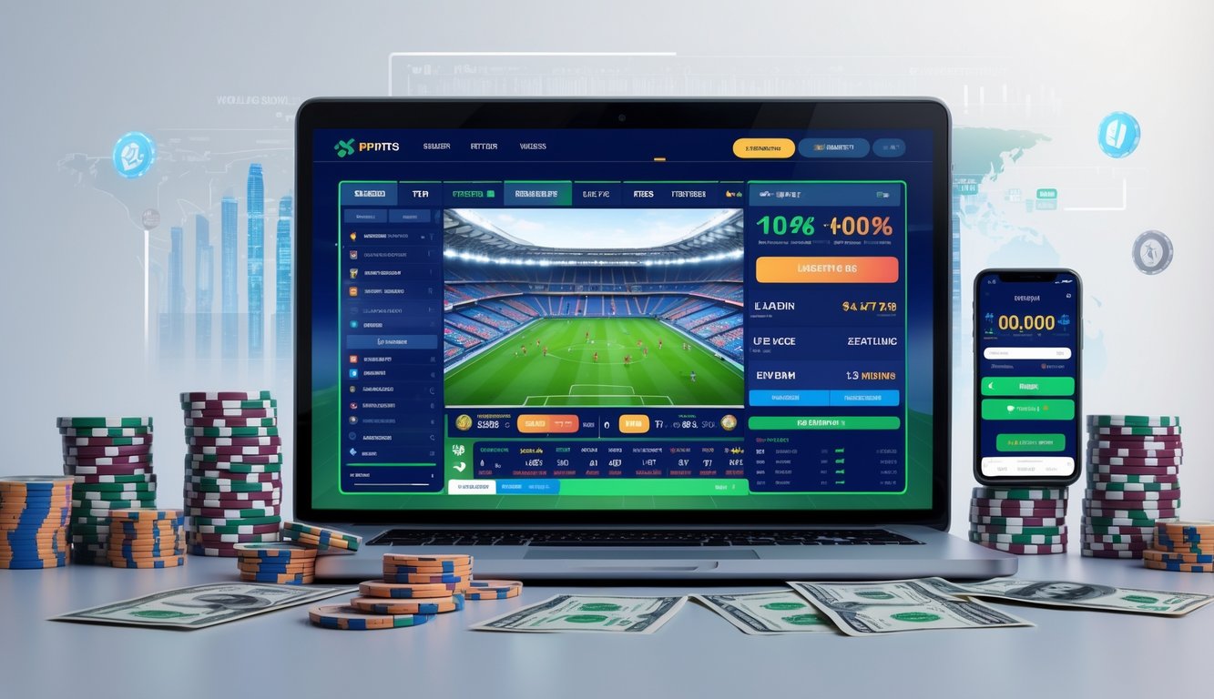 Seorang pengguna sedang melihat layar komputer dengan tampilan taruhan sepak bola dan elemen terkait taruhan di sekitarnya.