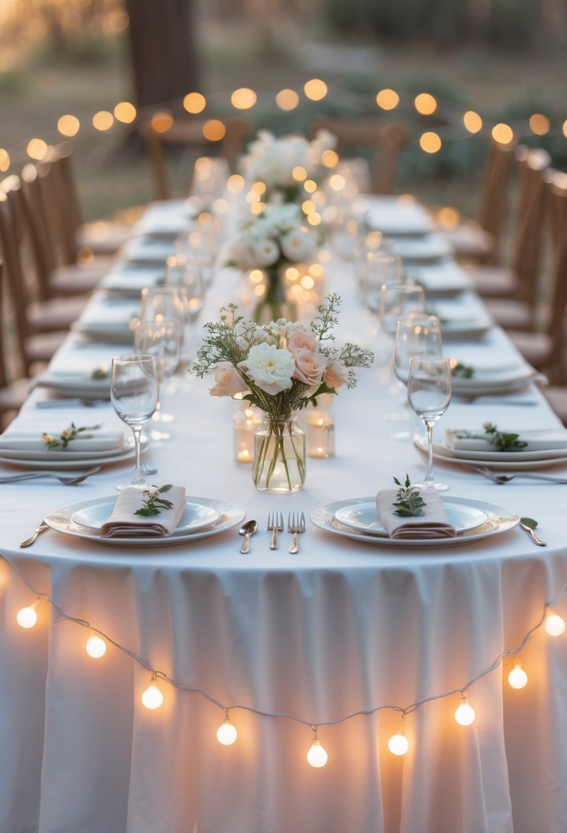 A wedding table decorated with white tablecloth, small flower arrangements, and warm fairy lights wrapped around the table edges.