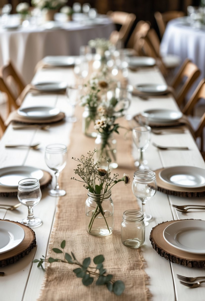 A wedding table decorated with simple burlap runners, wildflower centerpieces, plates, cutlery, and glassware in a warm, natural setting.
