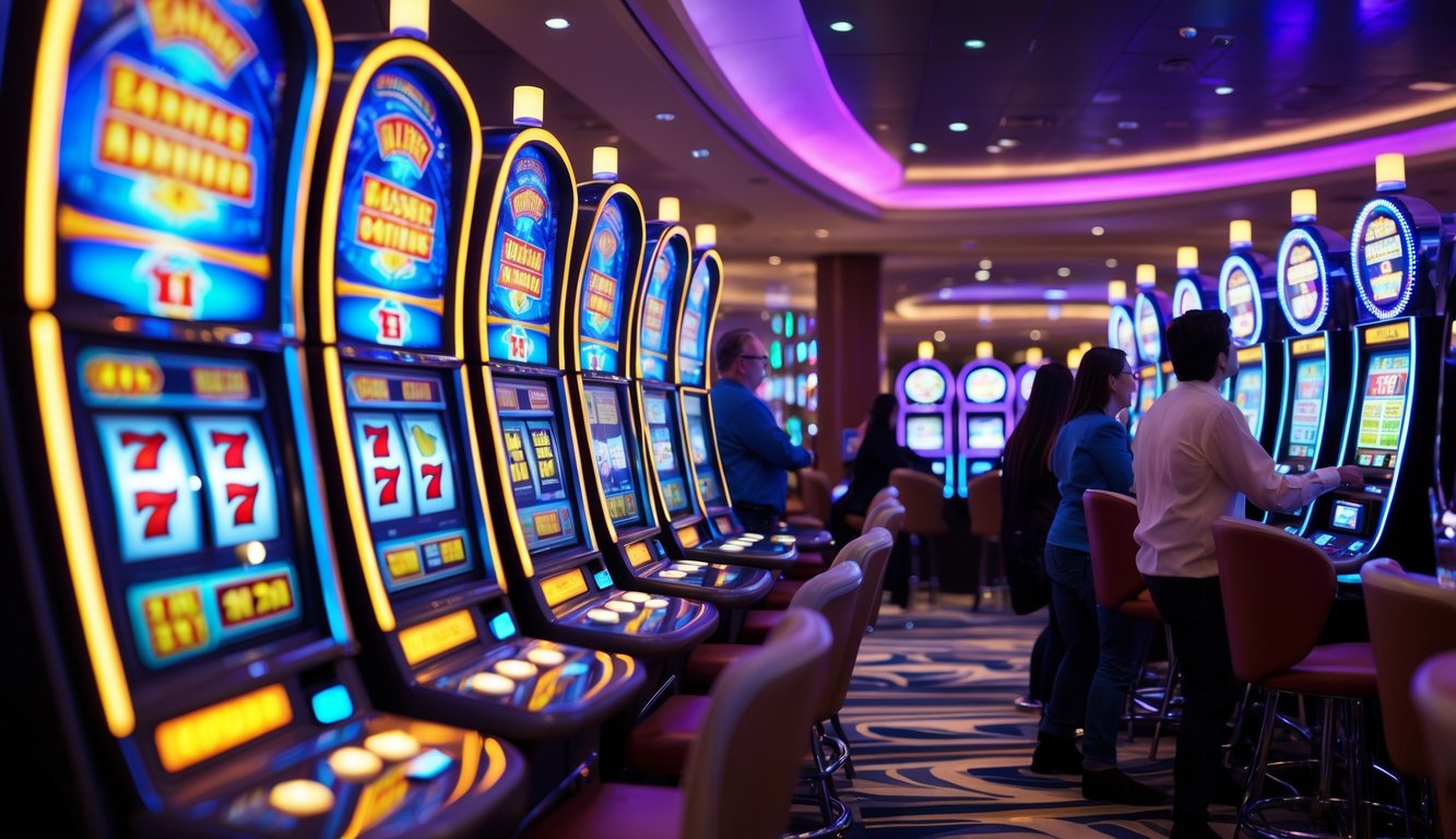 Suasana kasino dengan mesin slot berwarna-warni yang menyala dan beberapa orang sedang bermain dengan antusias.