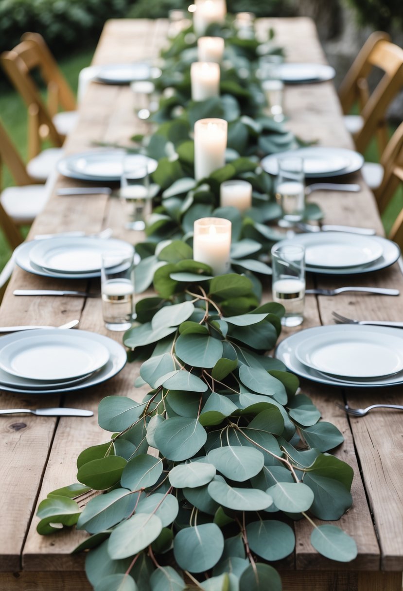 A wedding table decorated with eucalyptus greenery garlands, white plates, glassware, and candles on a wooden surface.