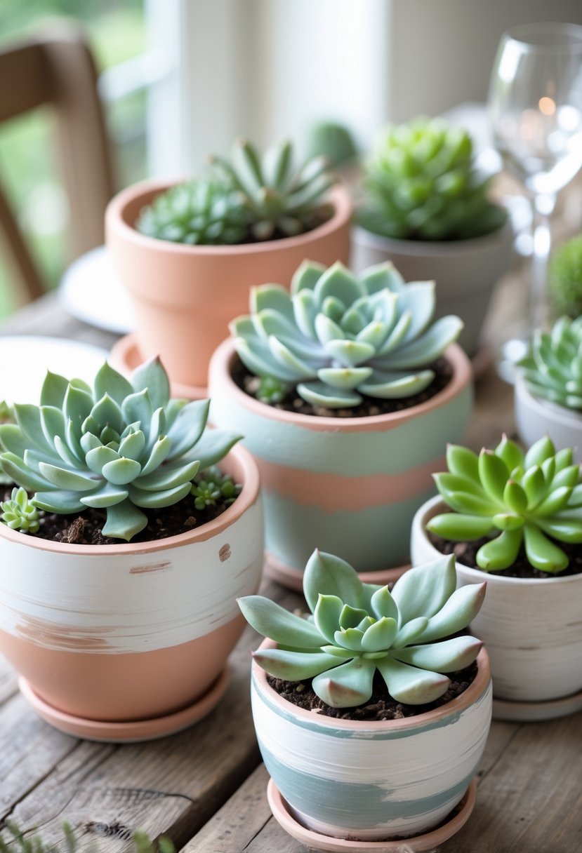 Painted terracotta pots with various succulents arranged on a wooden table as simple wedding table decorations.
