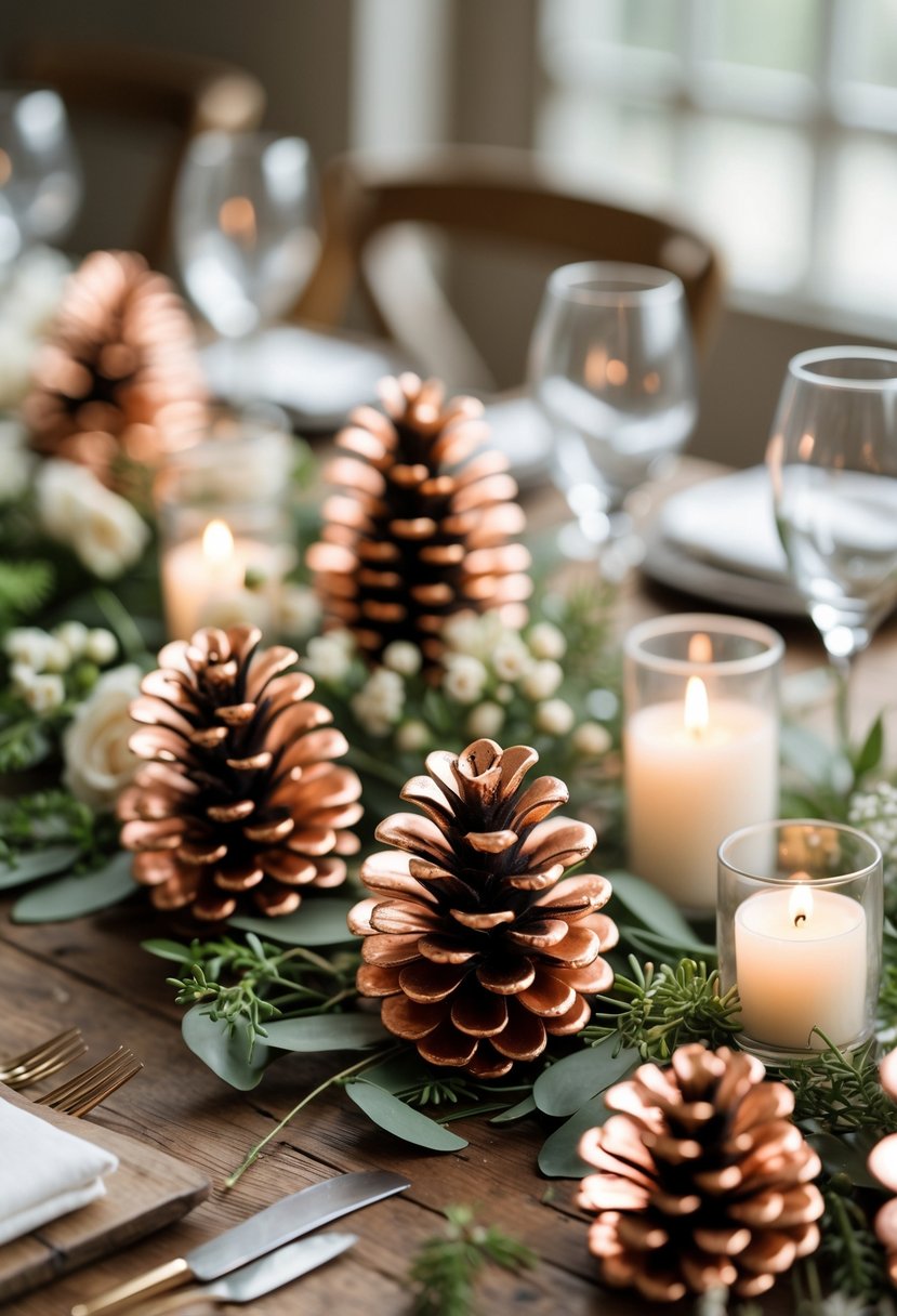 Copper and gold spray-painted pinecones arranged on a wooden table with greenery and candles as wedding table decor.