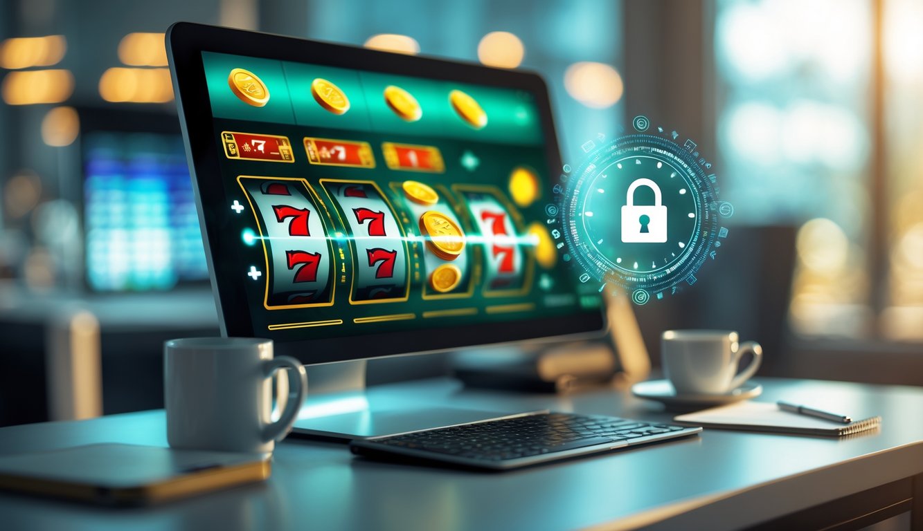 Seorang pengguna sedang bermain mesin slot online di komputer dengan suasana yang profesional dan terpercaya.