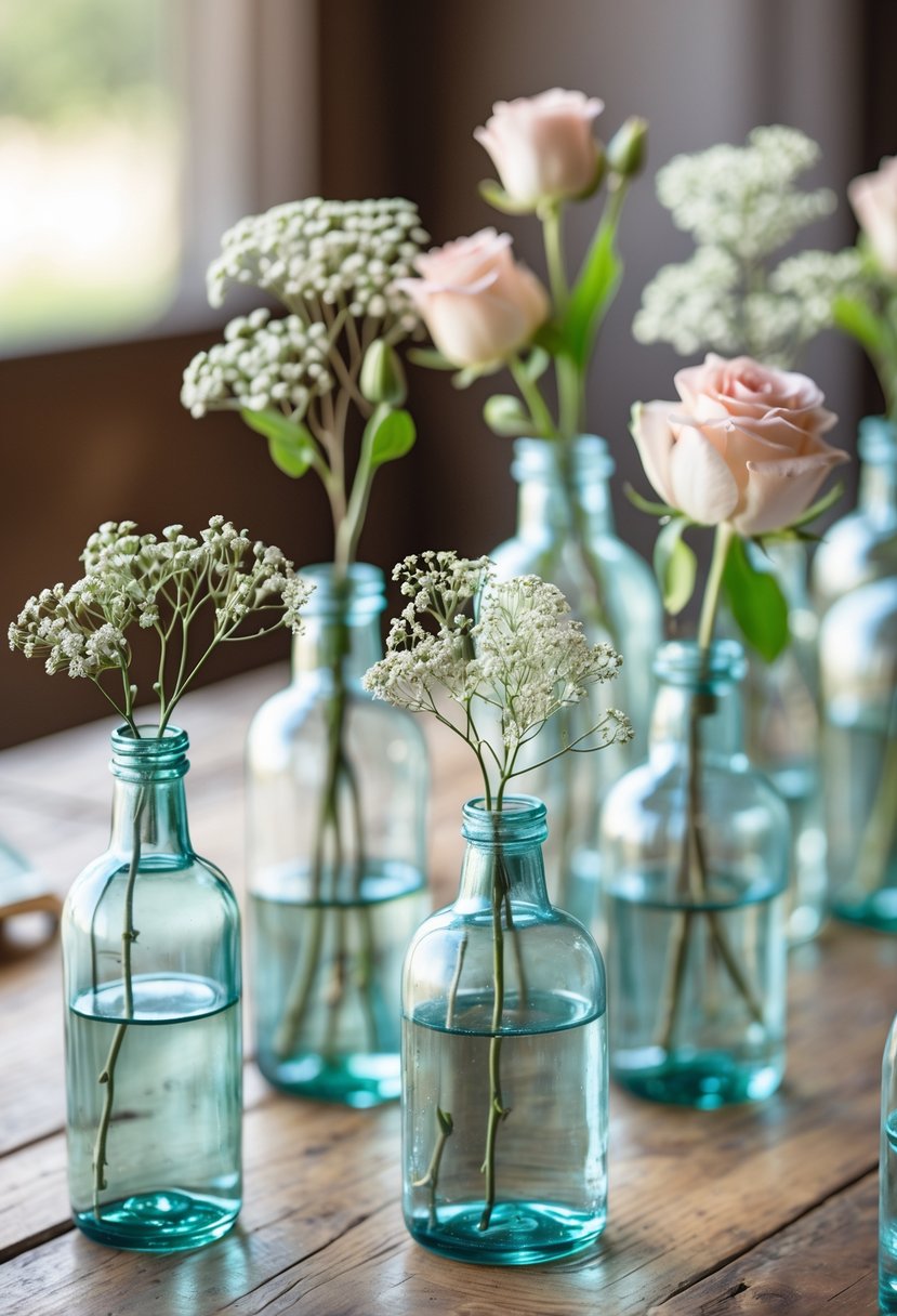 A wedding table with clear glass bottles holding single-stem flowers arranged neatly on a wooden surface.