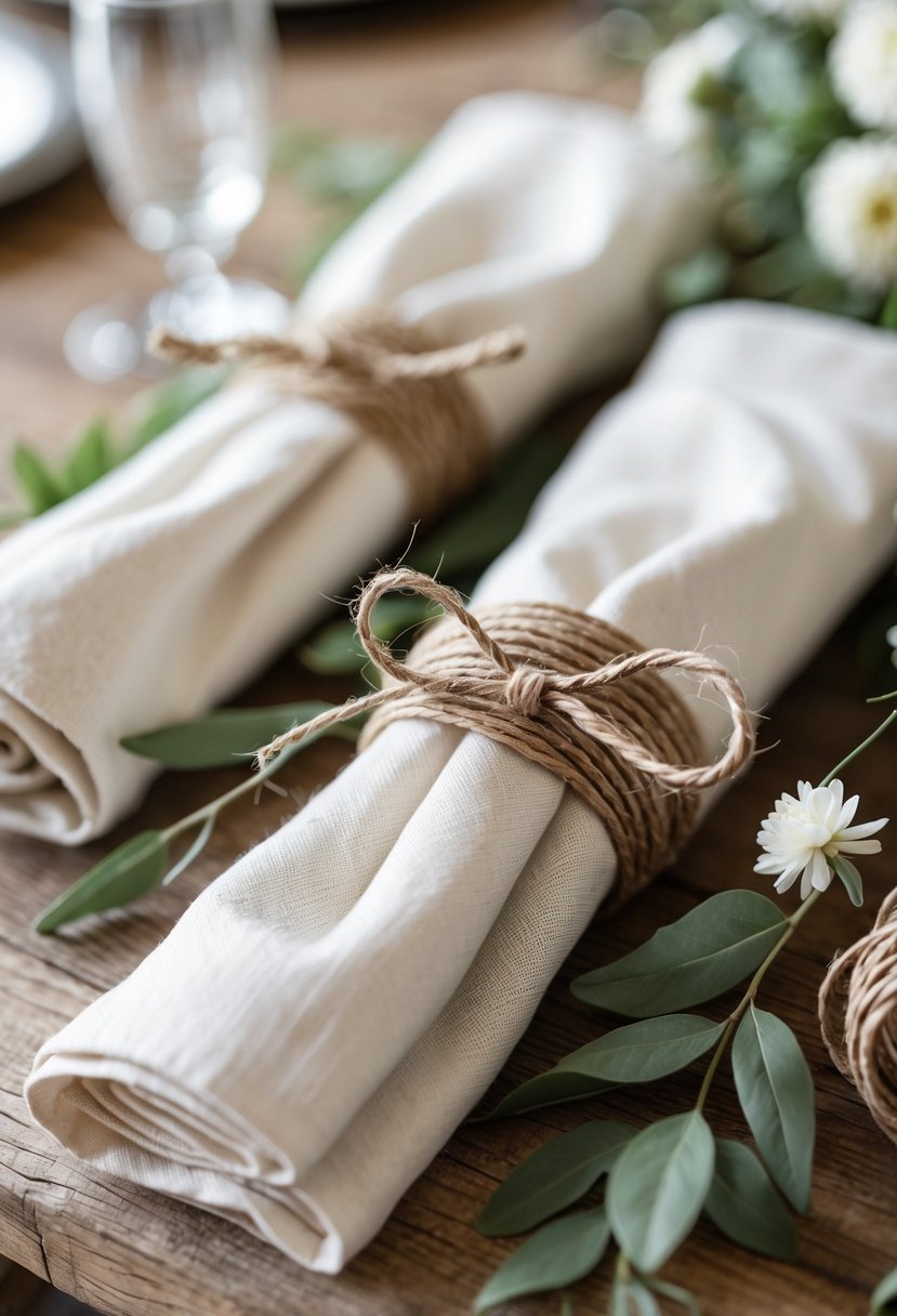 Close-up of twine-wrapped napkin holders on a rustic wooden wedding table decorated with greenery and small white flowers.