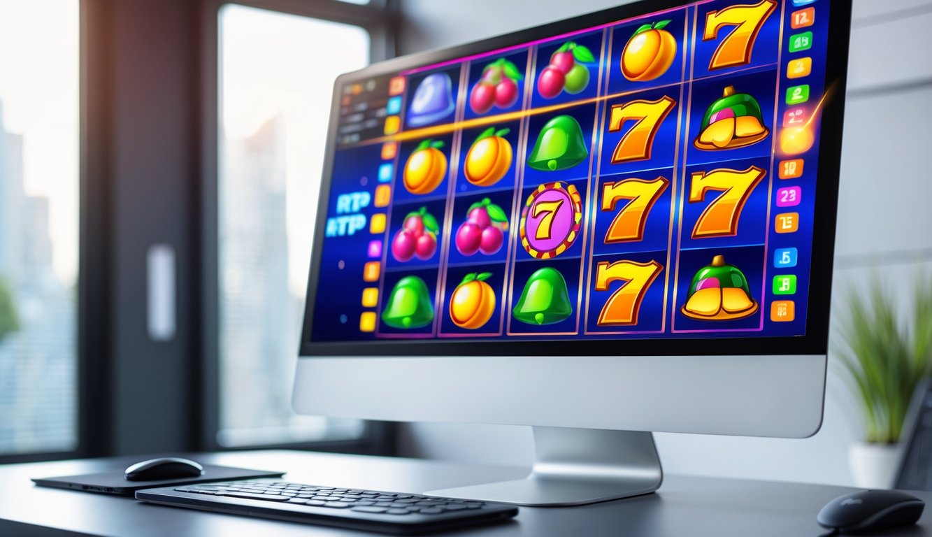 Layar perangkat menampilkan permainan slot online dengan simbol warna-warni dan latar meja kerja modern.