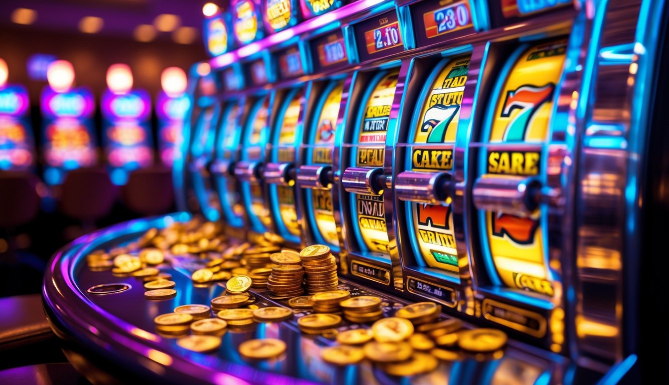 Mesin slot modern dengan lampu warna-warni dan koin yang keluar, menunjukkan suasana kemenangan di kasino.