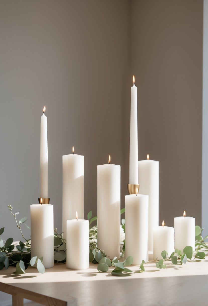 A wedding table with white pillar candles and green eucalyptus leaves arranged on a wooden surface.