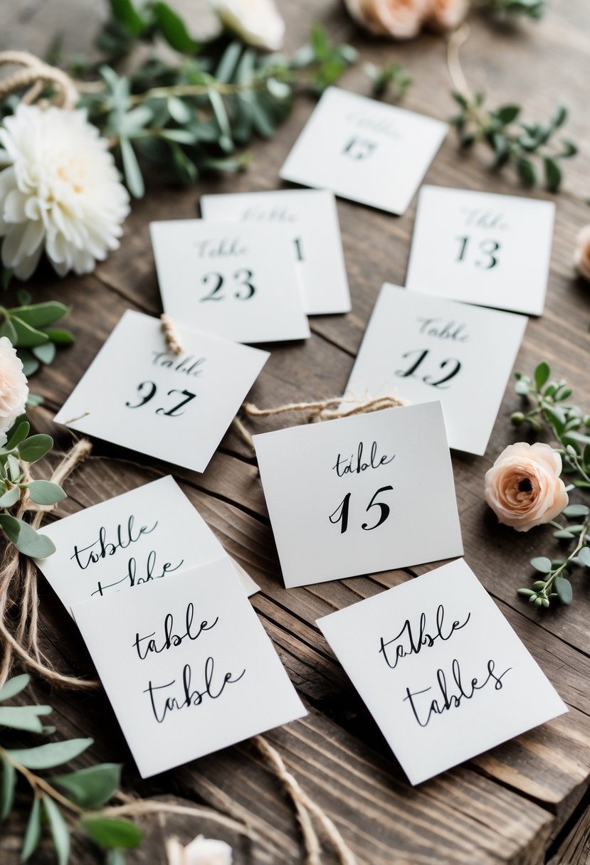 A set of handwritten table number cards displayed on a wooden surface with flowers and greenery around them.