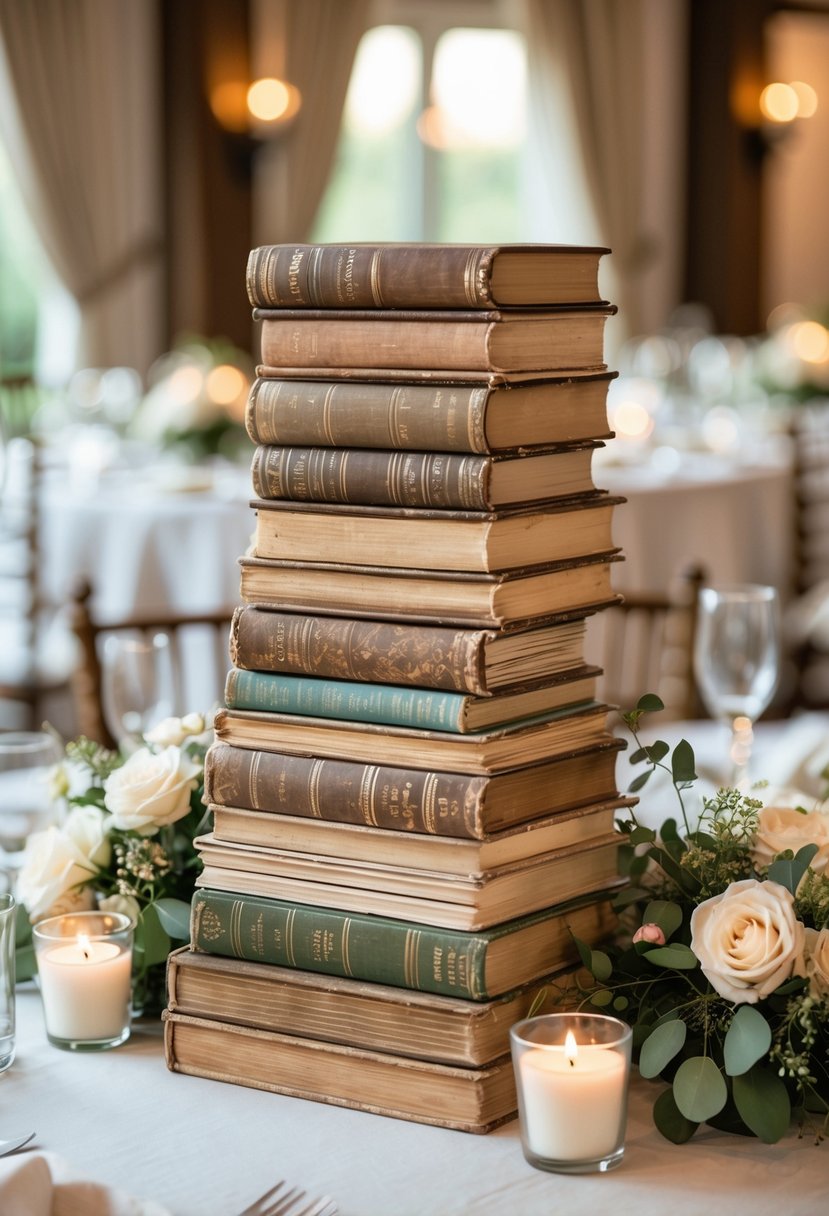 Stacks of vintage books arranged as centerpieces on wedding tables with flowers and candles.