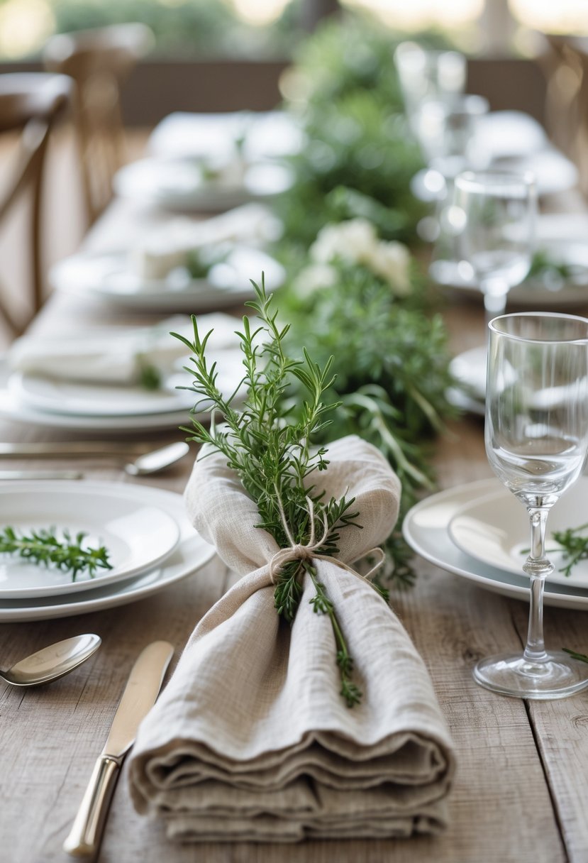 Linen napkins tied with fresh green herbs placed on a wooden table set for a wedding.