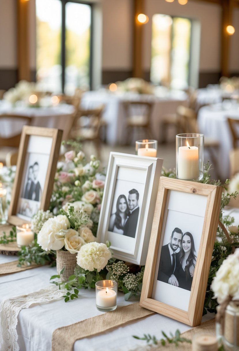 Wedding reception table with DIY photo frame centerpieces surrounded by flowers and candles.