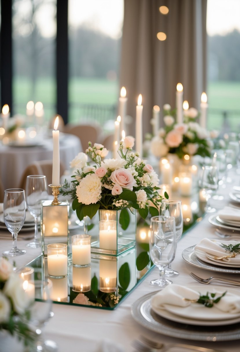 A wedding table with mirrors used as bases for floral centerpieces and candles, surrounded by plates and glassware.