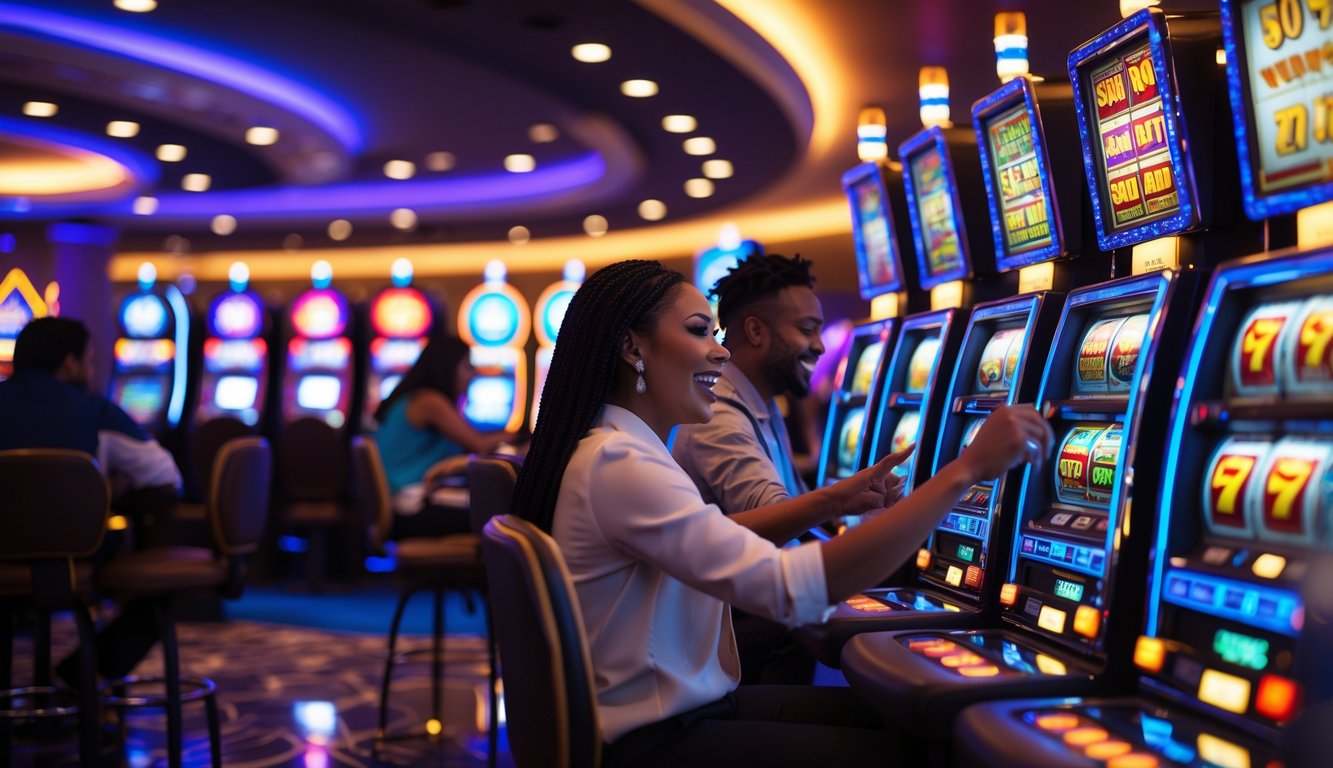 Suasana dalam kasino modern dengan mesin slot berwarna-warni dan beberapa pemain yang sedang bermain.