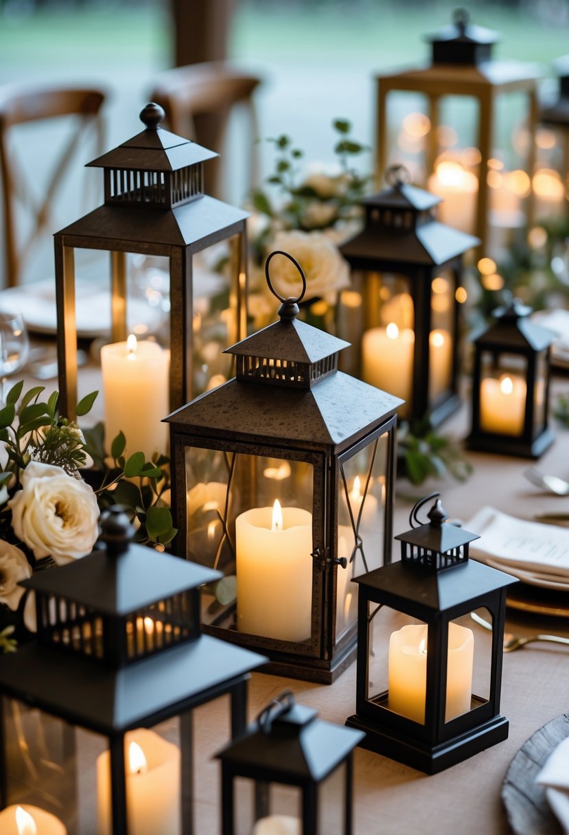 A wedding table decorated with decorative lanterns containing glowing LED candles, surrounded by simple floral arrangements and greenery.