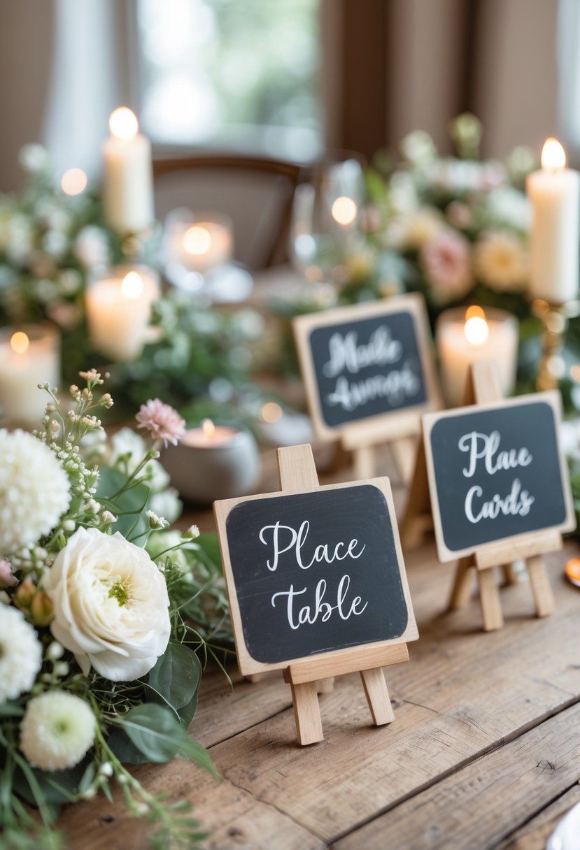 Mini chalkboard signs used as place cards arranged on a decorated wedding table with flowers and candles.