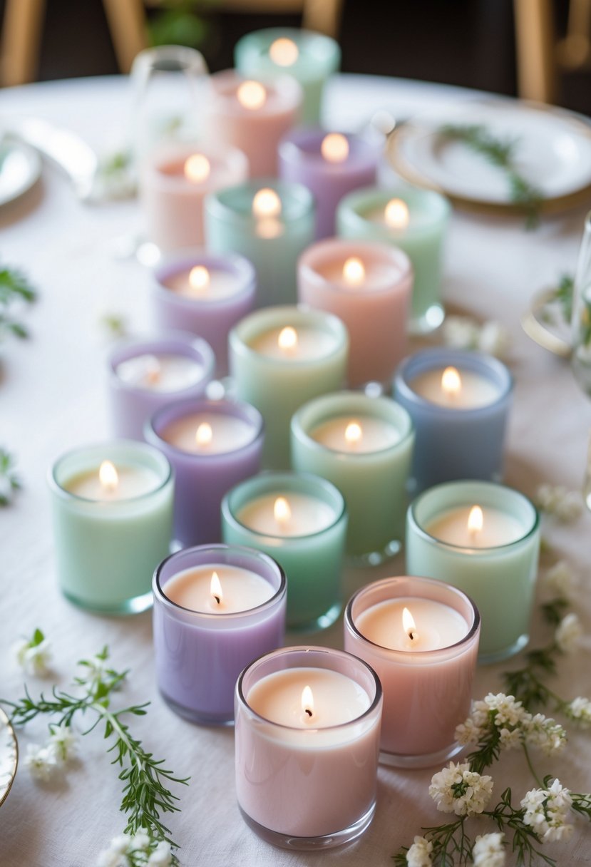 Clusters of colored glass votive candle holders with lit candles arranged on a wedding table with simple floral and greenery accents.