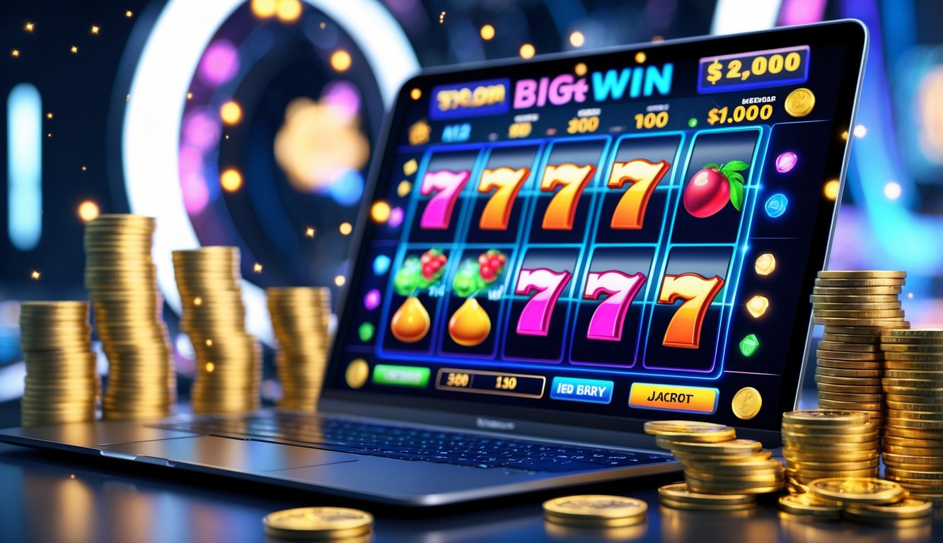 Seorang pemain menggunakan laptop dengan tampilan mesin slot online yang berwarna-warni dan simbol kemenangan besar di sekitarnya.