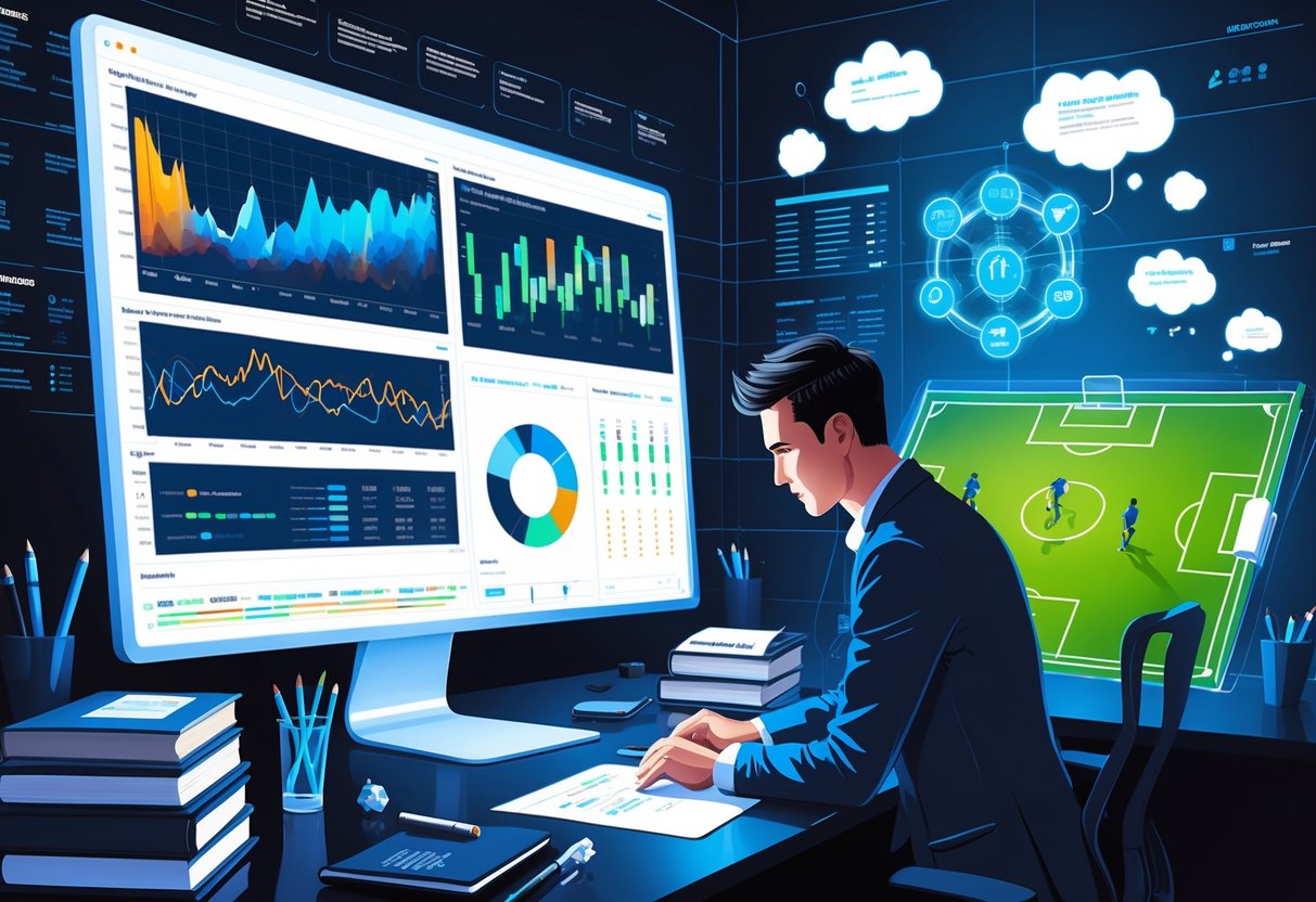 Seorang analis sedang mempelajari data dan grafik di layar besar yang menampilkan statistik dan strategi sepak bola, dengan lapangan sepak bola holografik dan simbol psikologi di latar belakang.