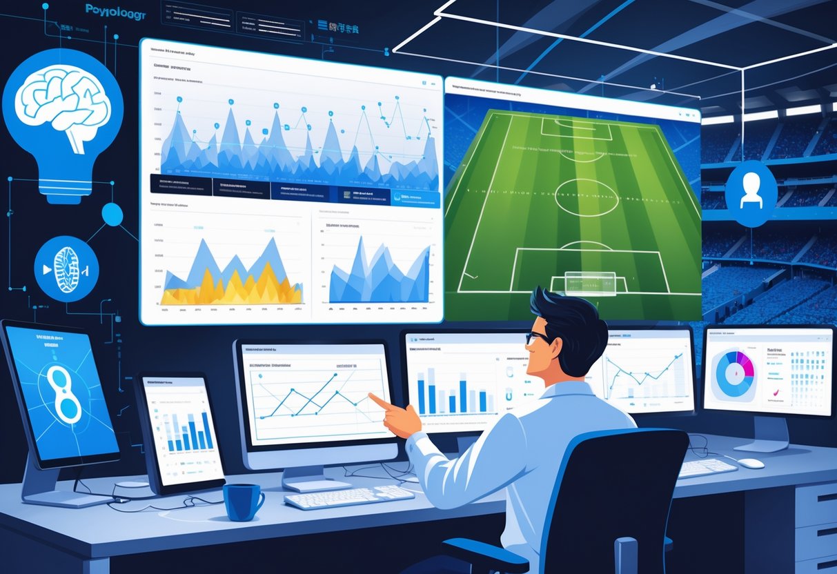 Seorang analis sedang mempelajari data dan grafik statistik sepak bola di depan layar digital dengan latar belakang stadion sepak bola.