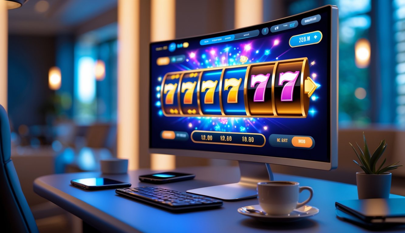 Tampilan antarmuka kasino online modern dengan mesin slot berwarna-warni di layar komputer di meja kerja.